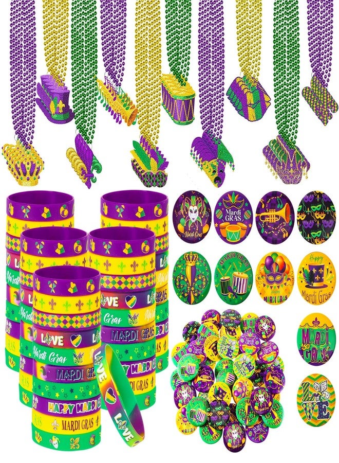 Highergo 150 Pcs Mardi Gras Party Favors Set 50 Mardi Gras Button Pins Badges 50 Carnival Bead Necklaces 50 Silicone Bracelets for Carnival Festival Party Supplies - Image 1